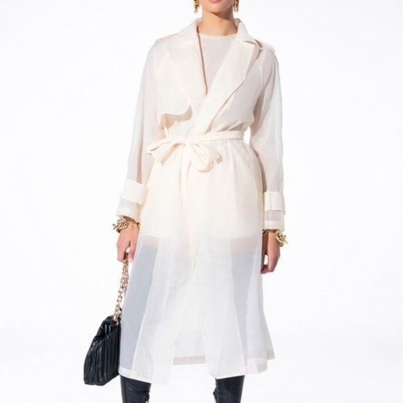 Callie Long Chiffon: Sheer Mesh Sash Trench Duster Jacket M L - Picture 5 of 11